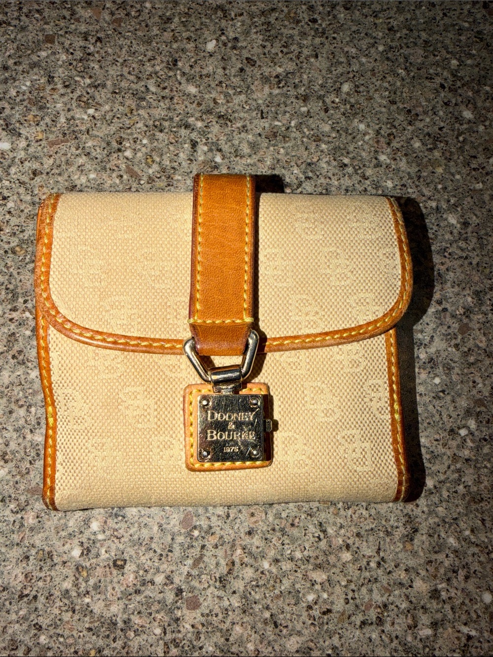 Dooney & Bourke Beige Canvas click lock Wallet with Tan Leather Trim - y2k